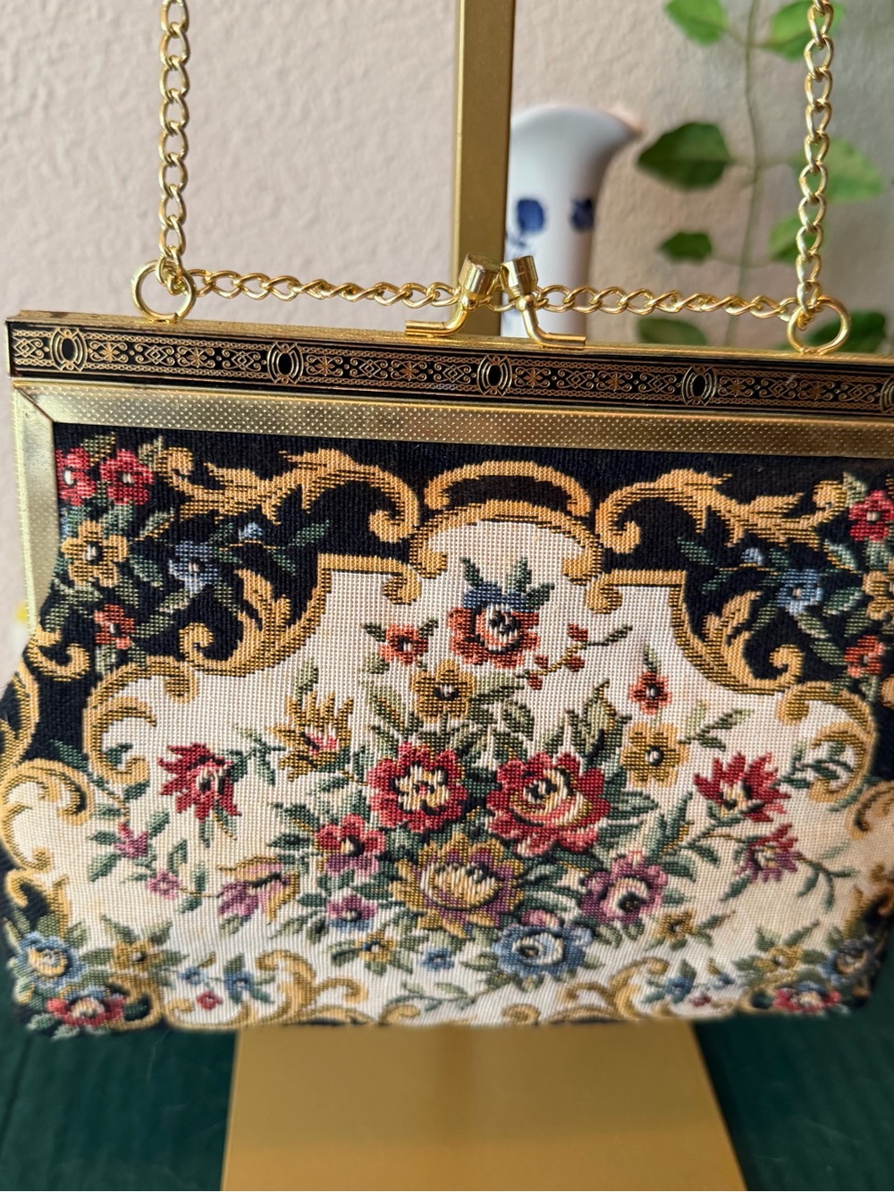 Floral Tapestry Evening Clutch with Gold Chain for Shoulder or Shorter Handheld